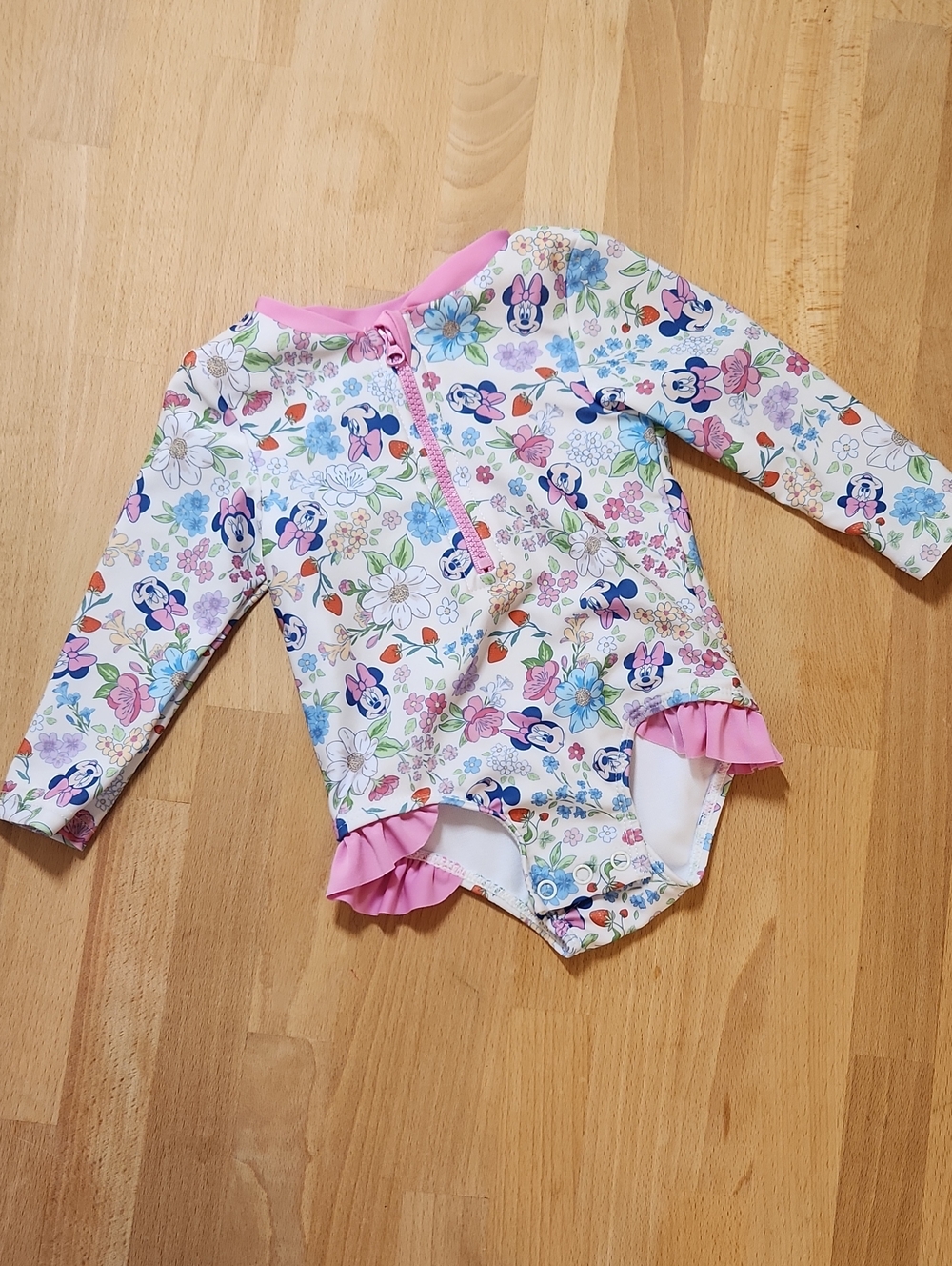 NWOT Disney Pink & White Floral Minnie Long-Sleeve One-Piece Swimsuit